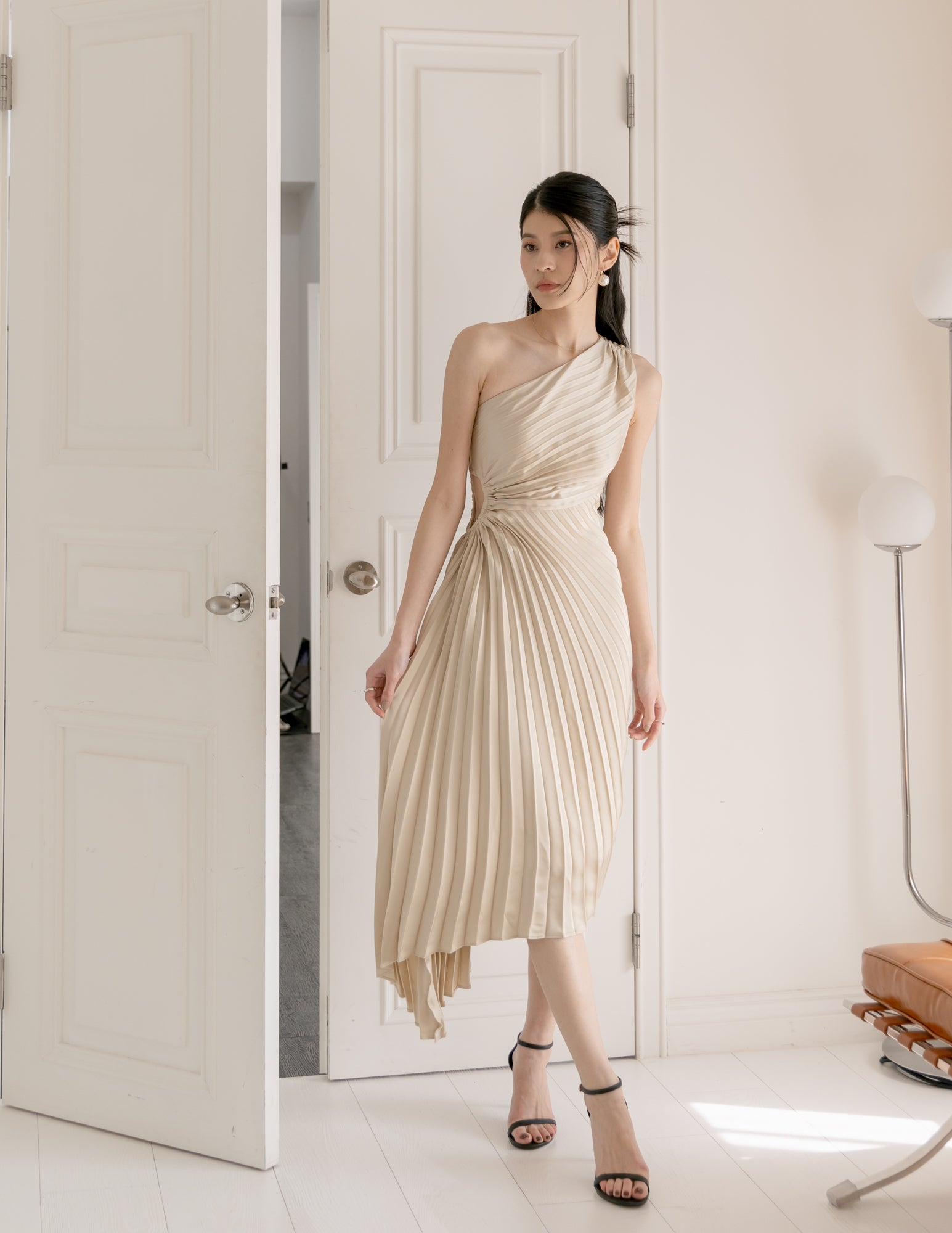 Aleyna Pleated Toga Dress in Champagne Aleyna Pleated Toga Dress in Champagne