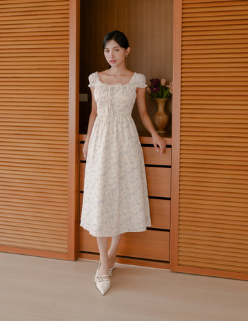 Elsa Floral Midi Dress in Blue Mist