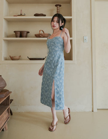 Myra Floral Denim Dress in Light Wash