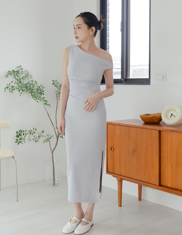 Carys Off Shoulder Midi Dress in Grey Blue