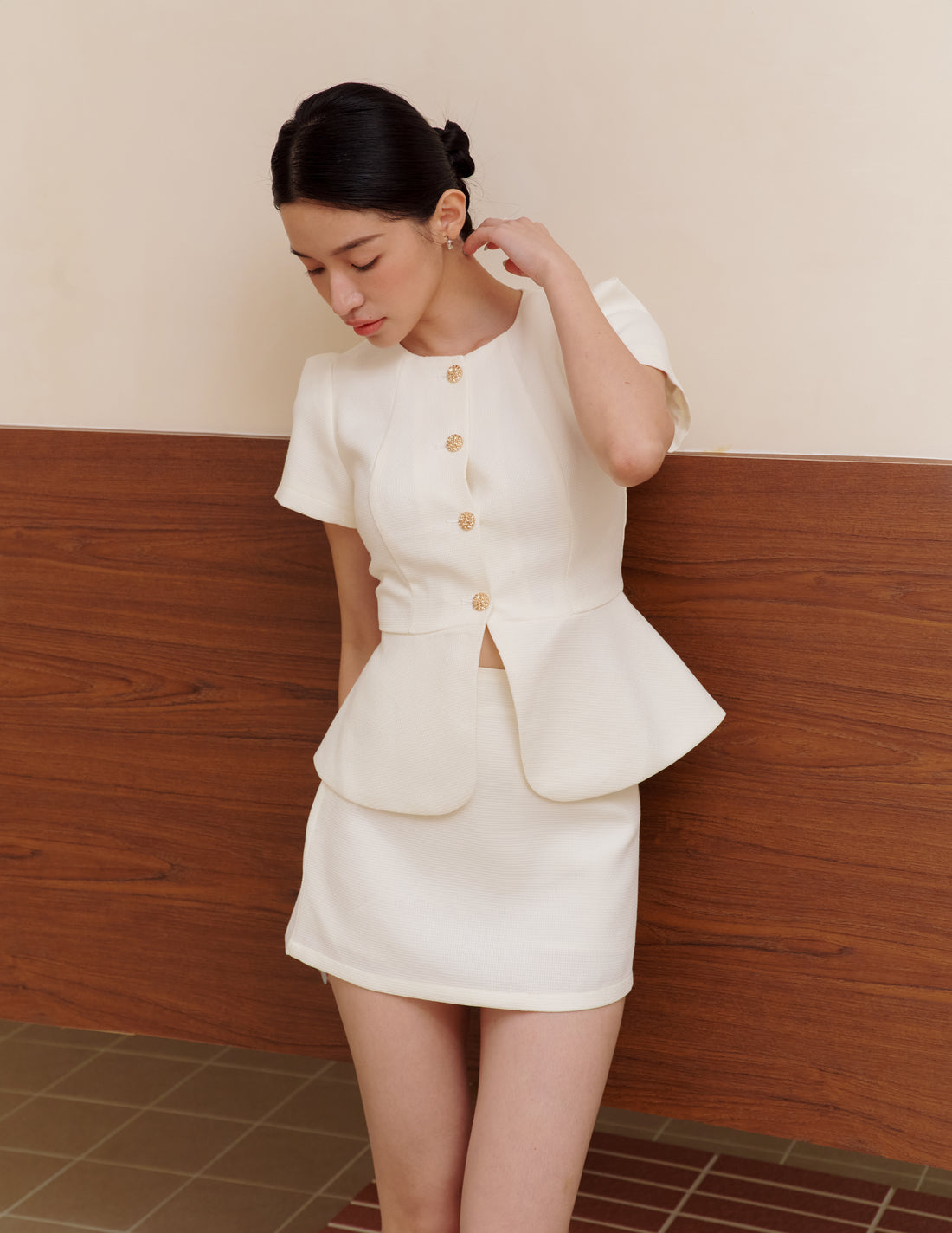 Amara Tweed Peplum Top in White