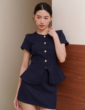 Amara Tweed Peplum Top in Navy