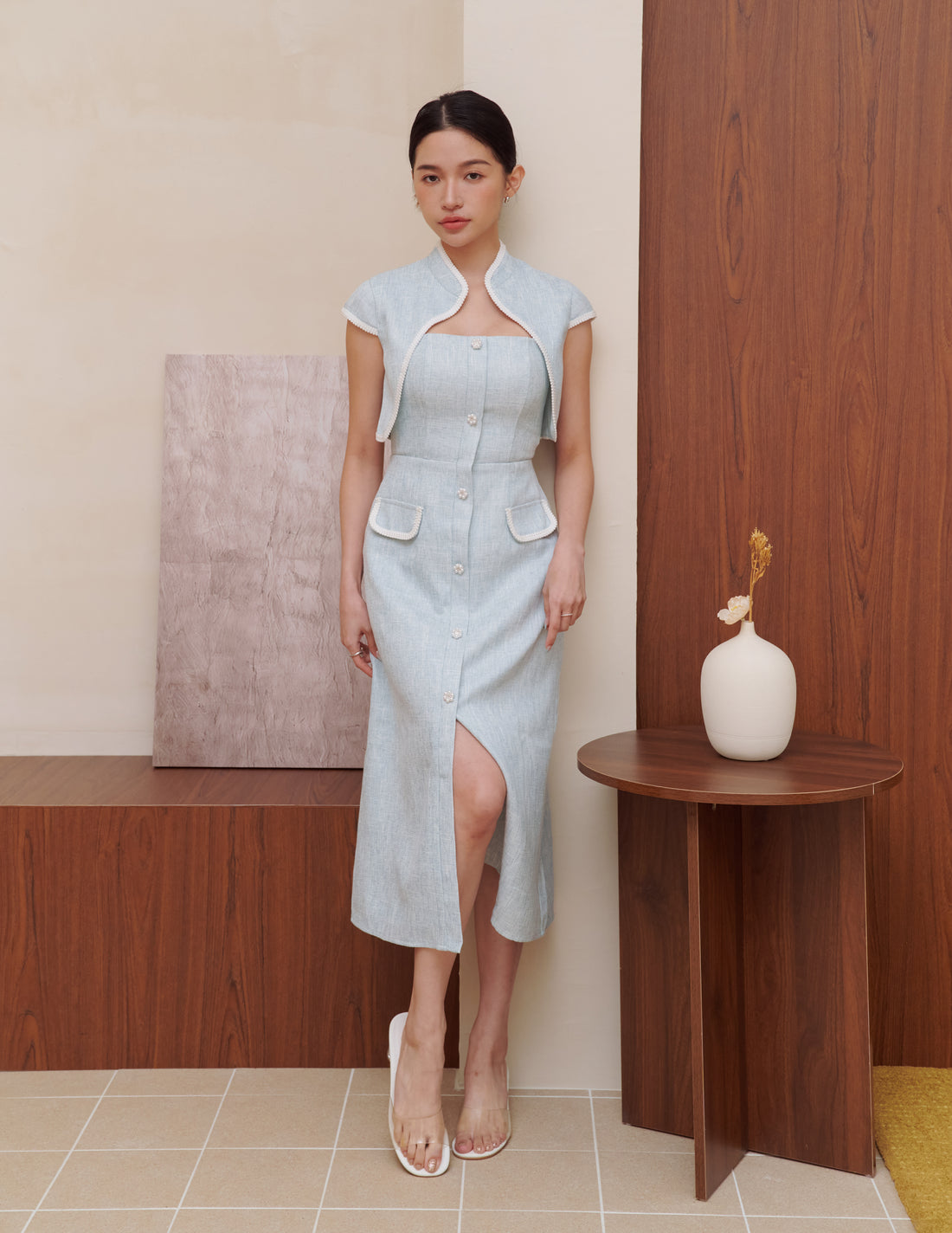 Stella Tweed Cheongsam Bolero Jacket in Blue