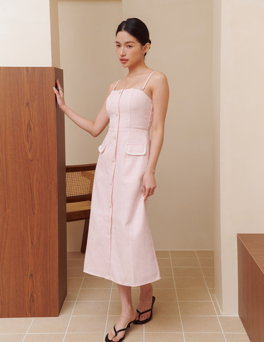 Bella Tweed Padded Midi Dress in Pink