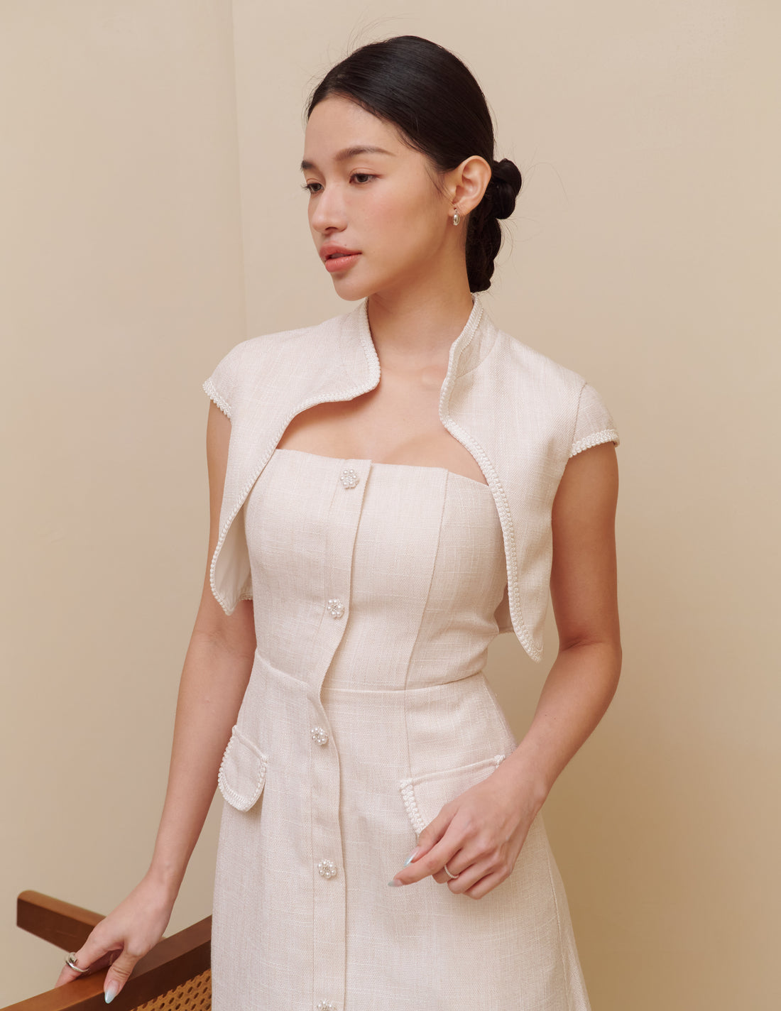 Stella Tweed Cheongsam Bolero Jacket in Beige