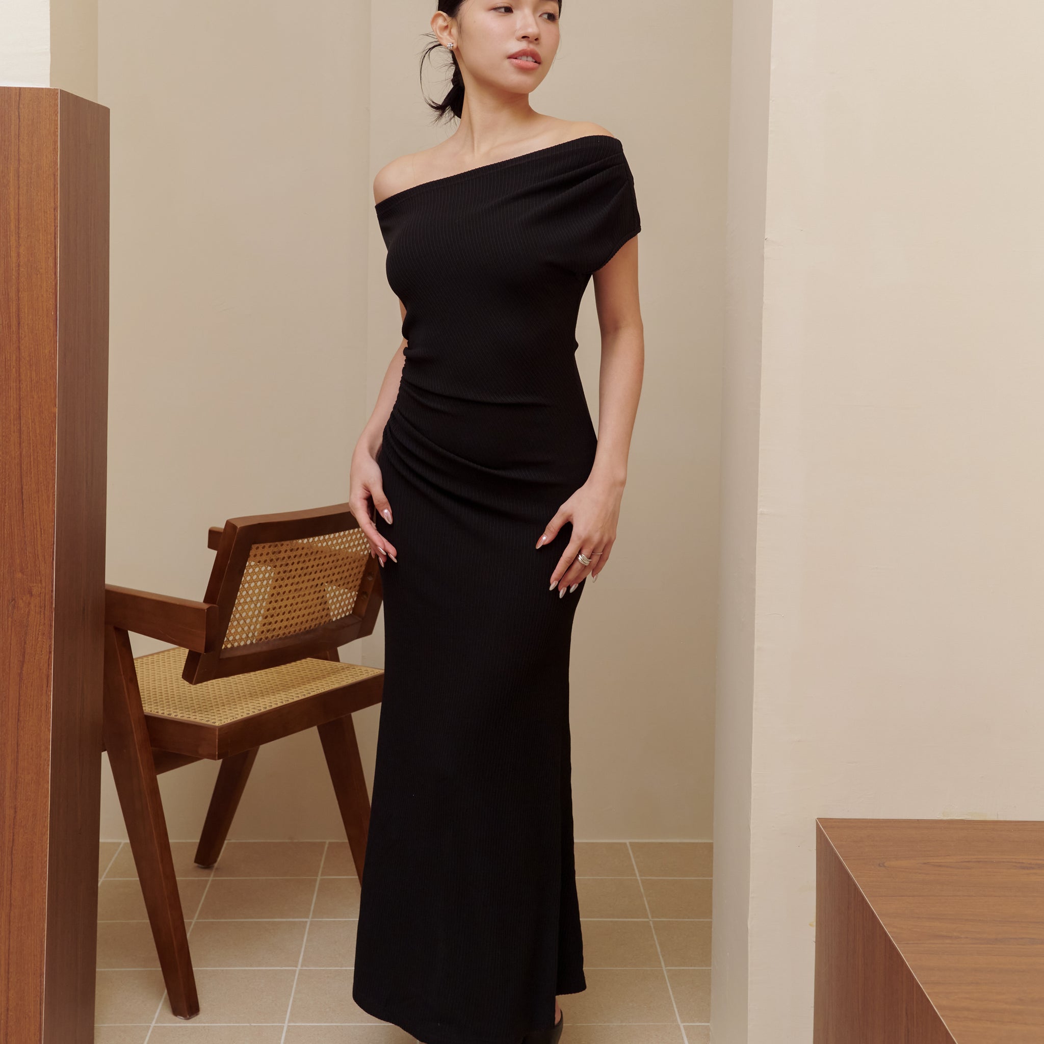 black ruched knit dress Significant Allure Black Slinky Knit Ruched Maxi Dress