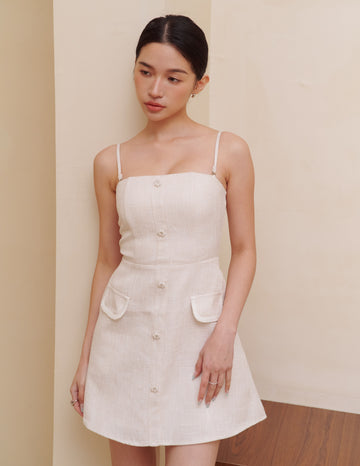 Ella Tweed Padded Mini Dress in Beige