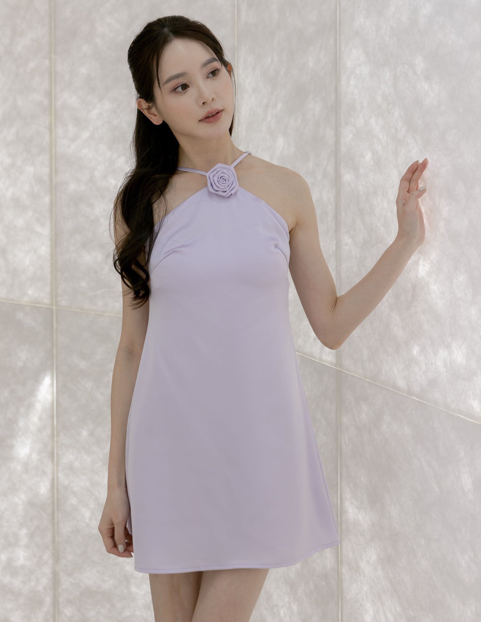 Lyra Satin Halter Dress in Lilac