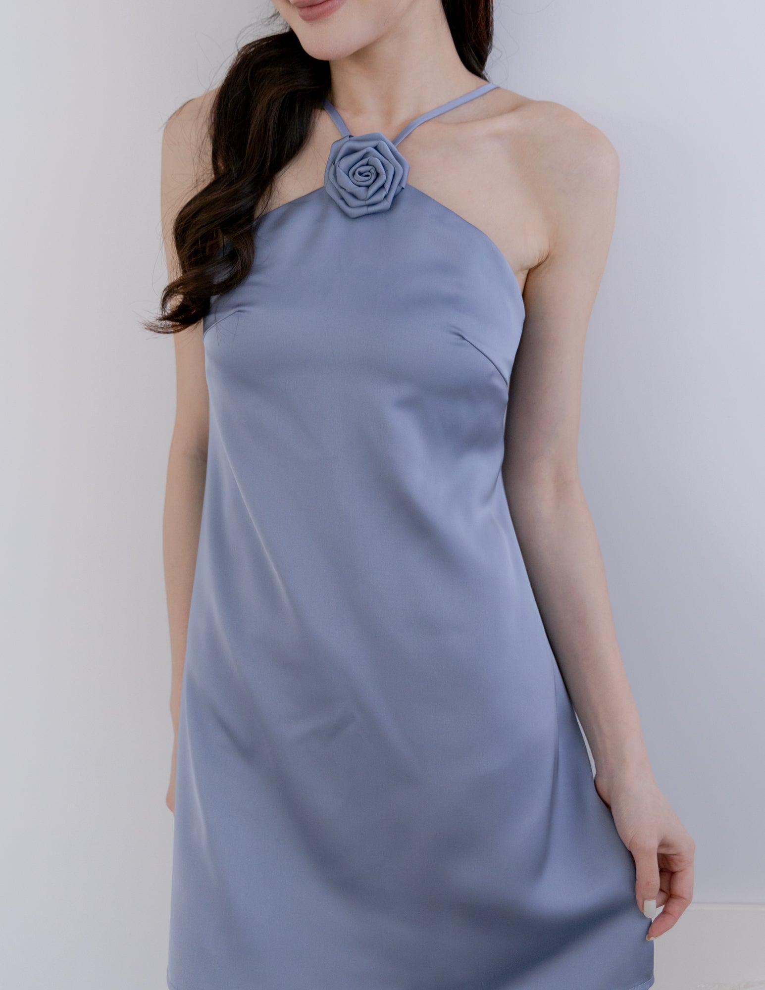 Lyra Satin Halter Dress in Blue