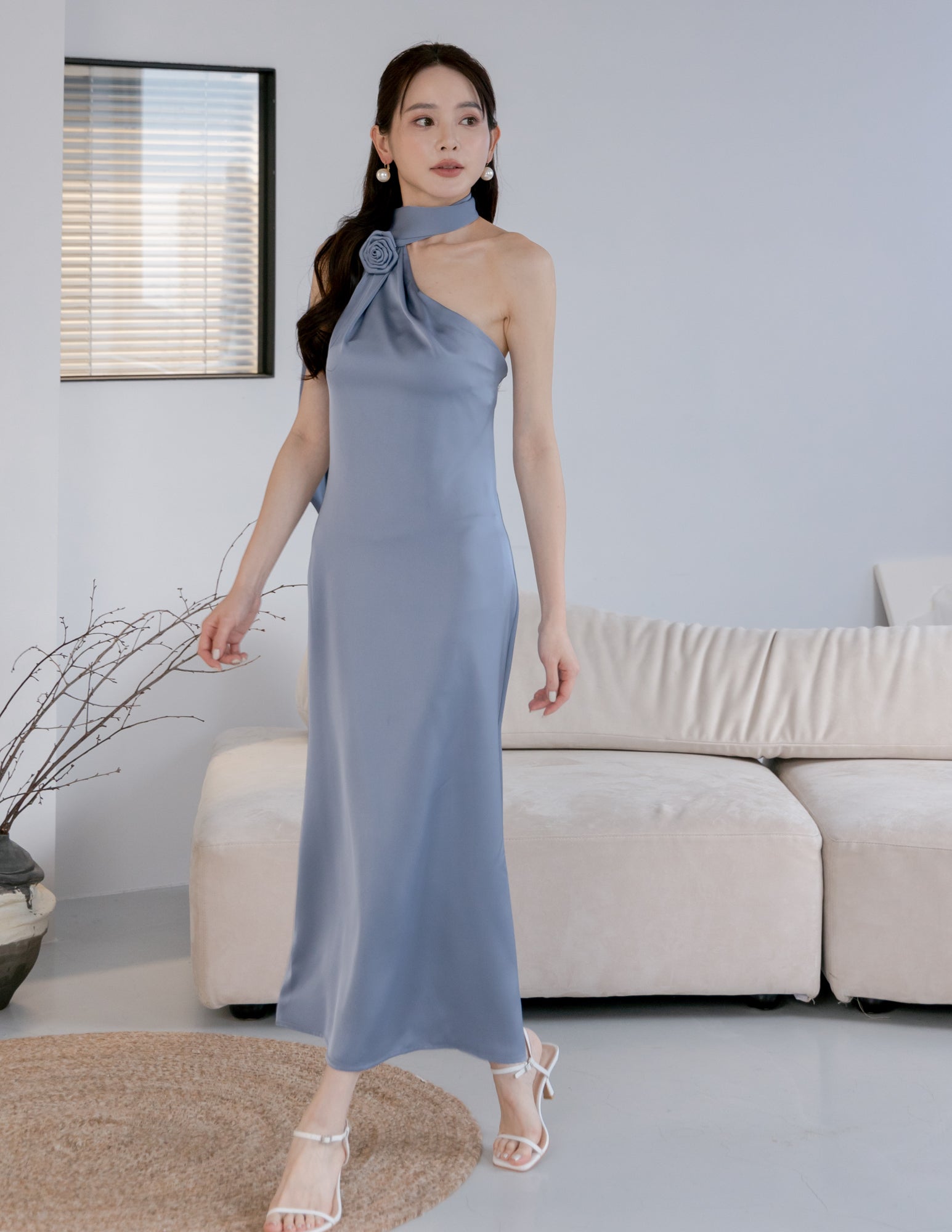 Paulina Toga Satin Dress in Blue