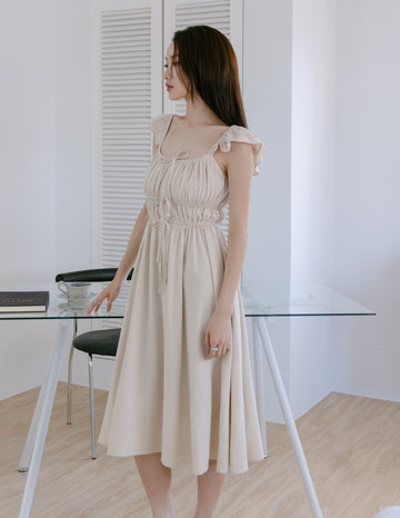 Sylvie Tie Front Linen Midi Dress in Oat