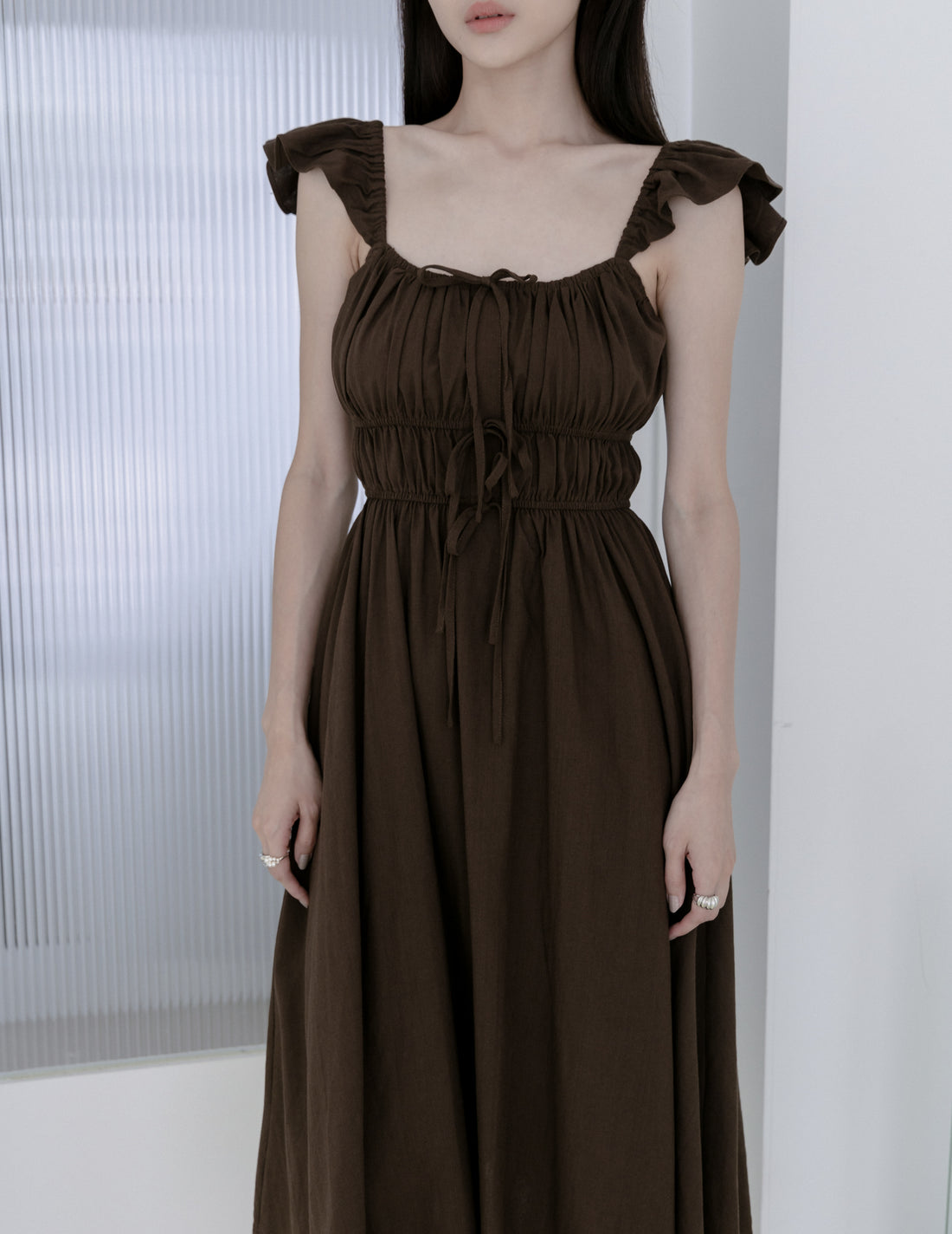 Sylvie Tie Front Linen Midi Dress in Coffee