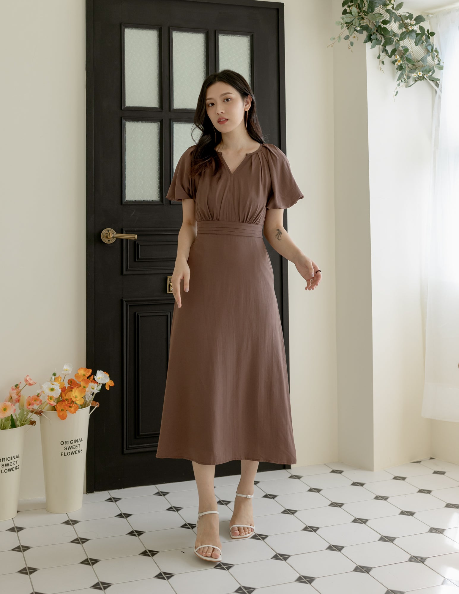 Ophelia Midi Dress in Brown