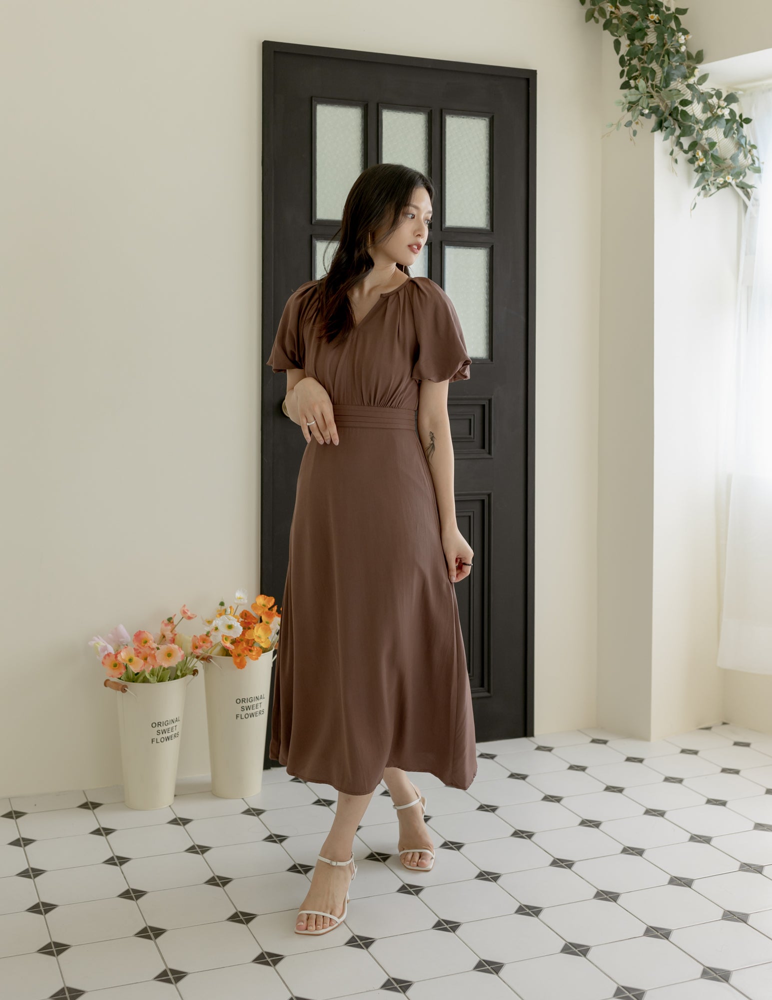 Ophelia Midi Dress in Brown