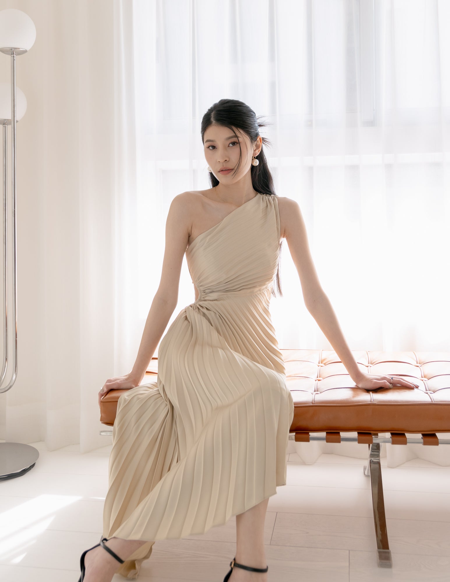Aleyna Pleated Toga Dress in Champagne Aleyna Pleated Toga Dress in Champagne