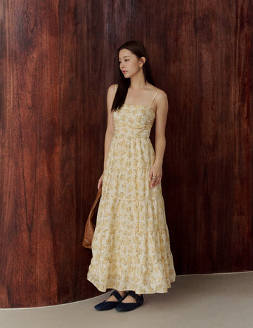 Lyndsey Padded Maxi Dress in Yellow Floral