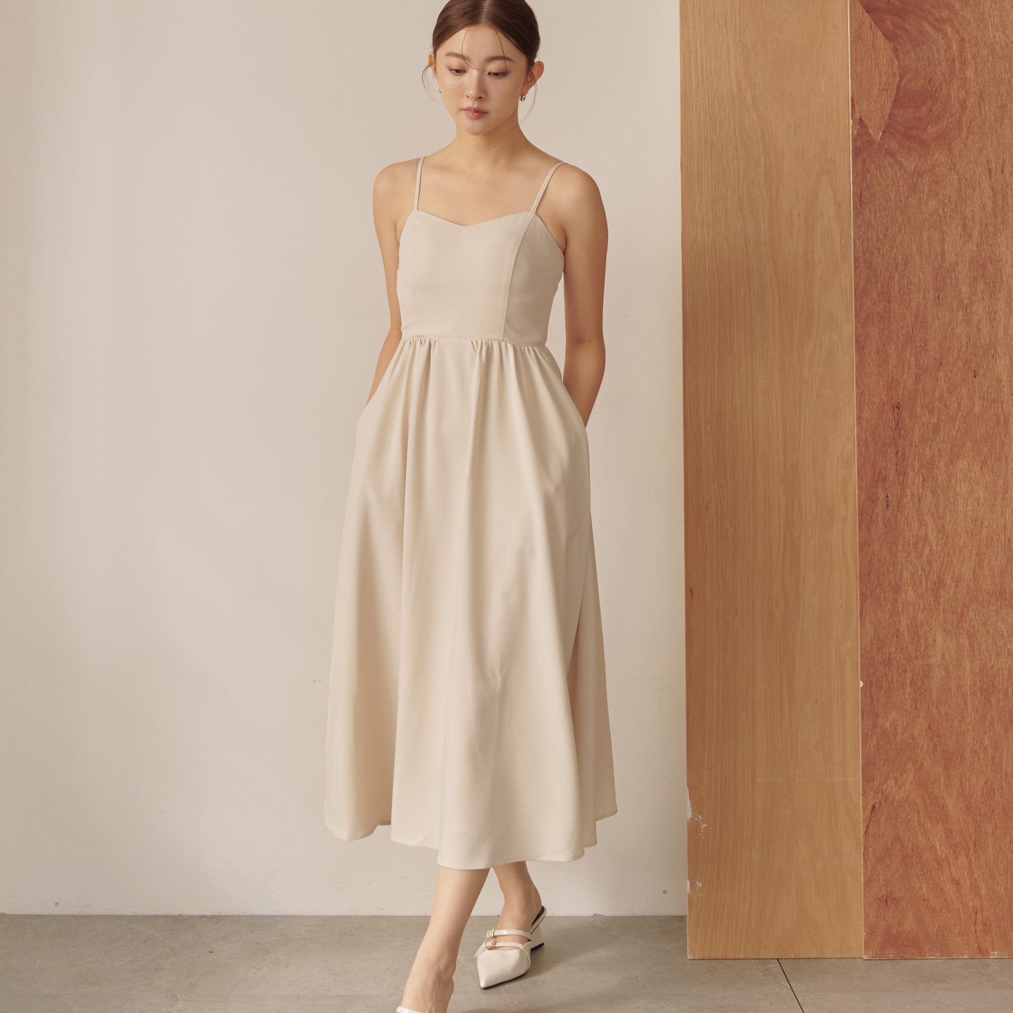 Devina Padded Midi Dress in Beige