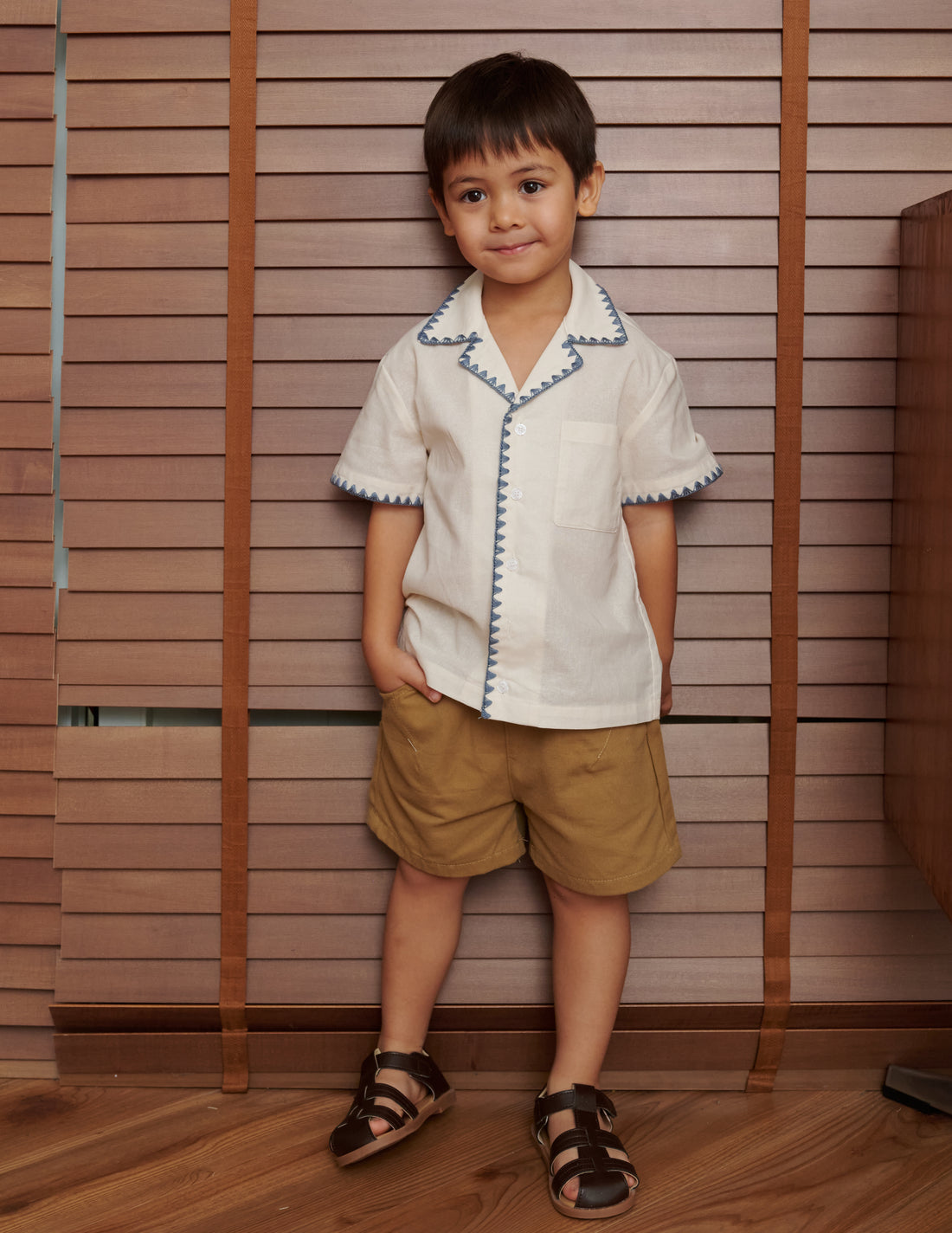 Finn Contrast Trim Boy's Shirt in Blue