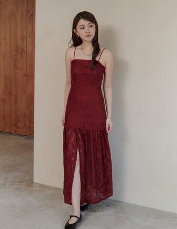 Sora Lace Padded Maxi Dress in Red