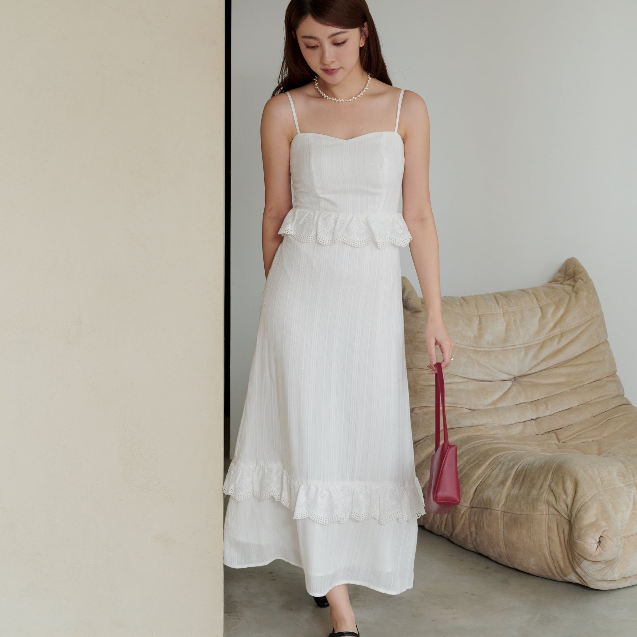Joey Padded Eyelet Ruffle Dress in White