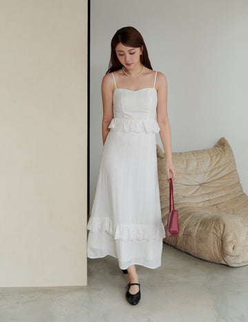 Joey Padded Eyelet Ruffle Dress in White