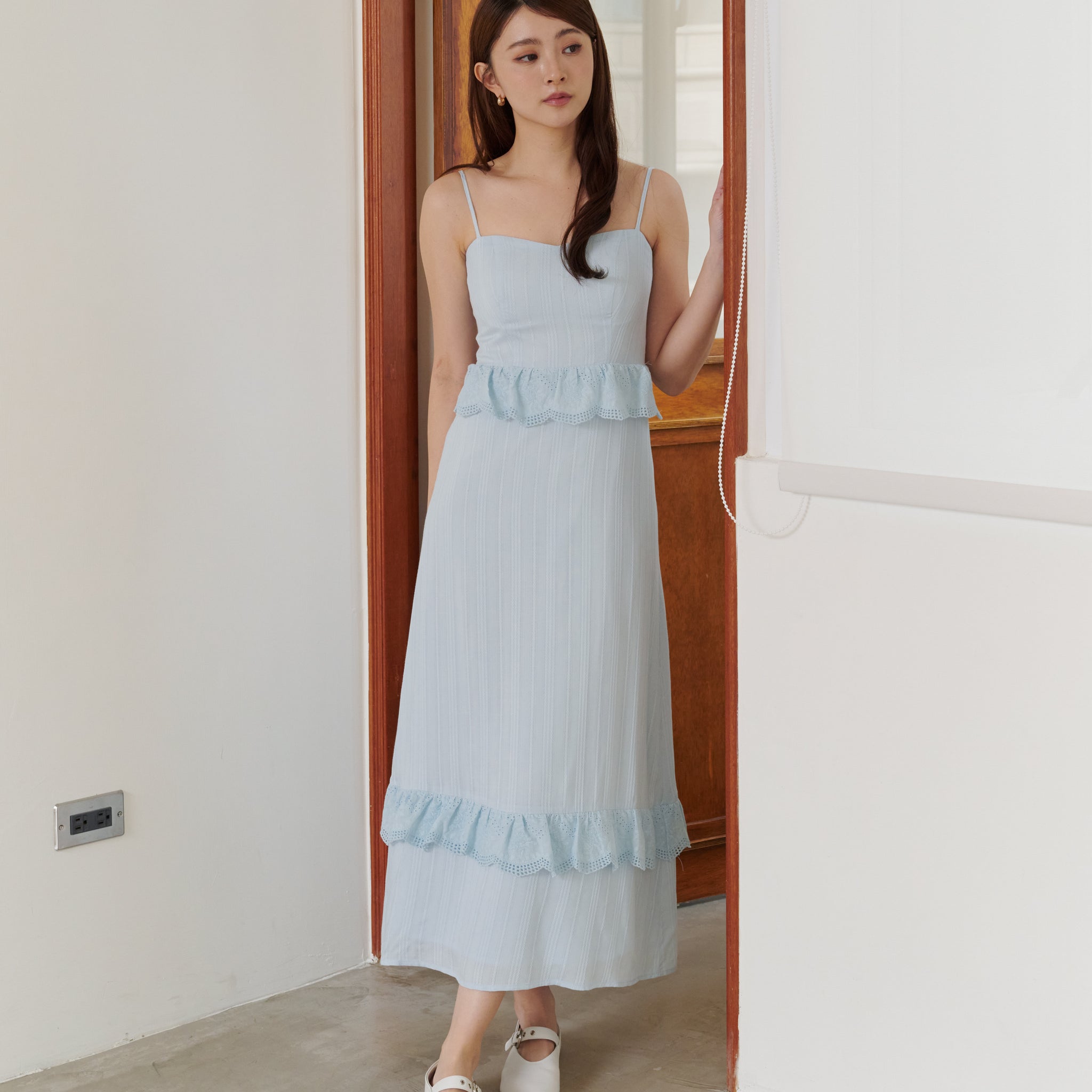 Joey Padded Eyelet Ruffle Dress in Blue