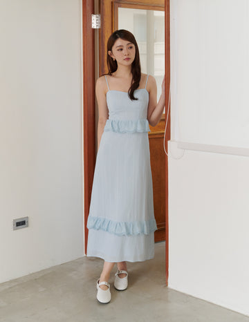 Joey Padded Eyelet Ruffle Dress in Blue