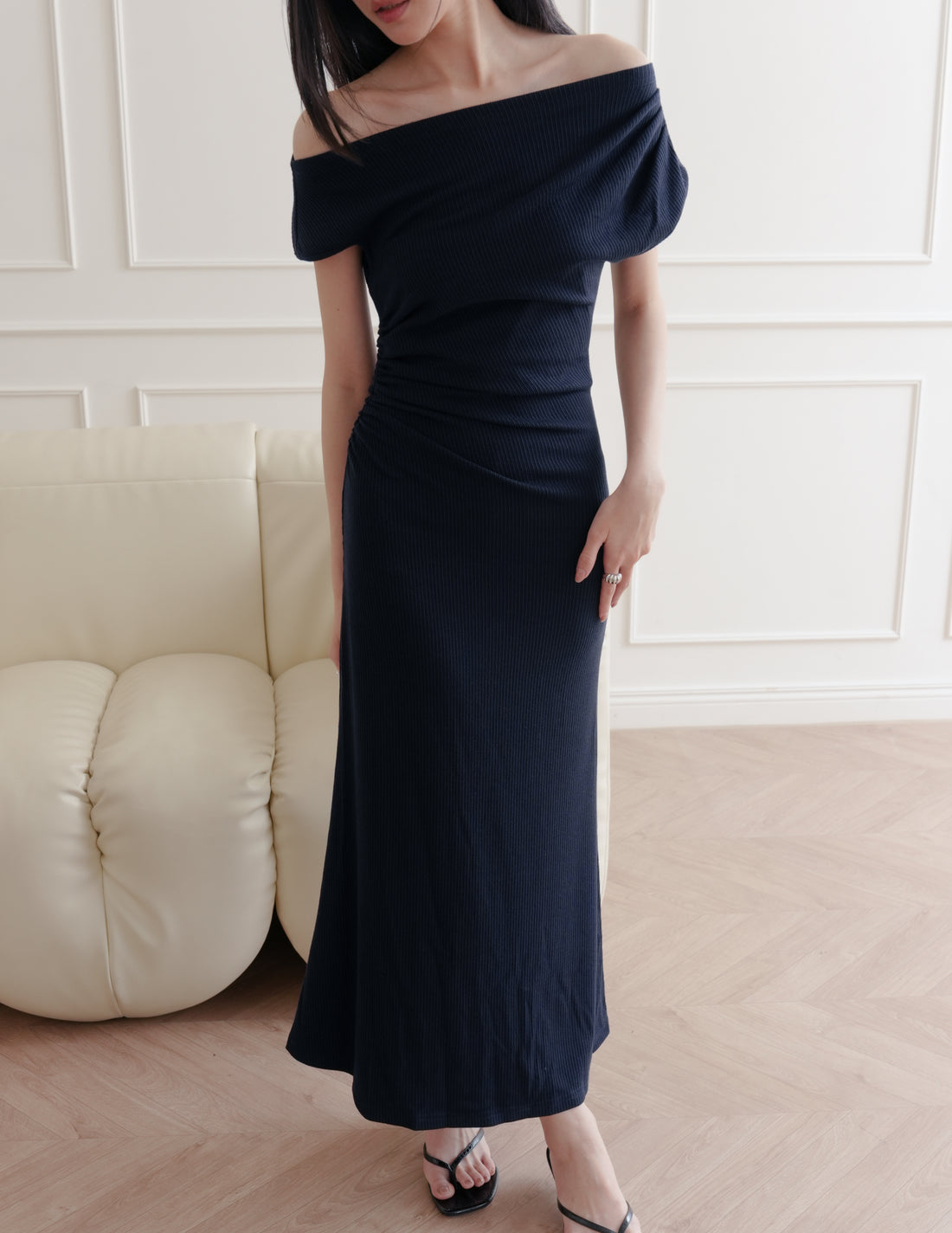 Louise Ruched Knit Dress in Midnight