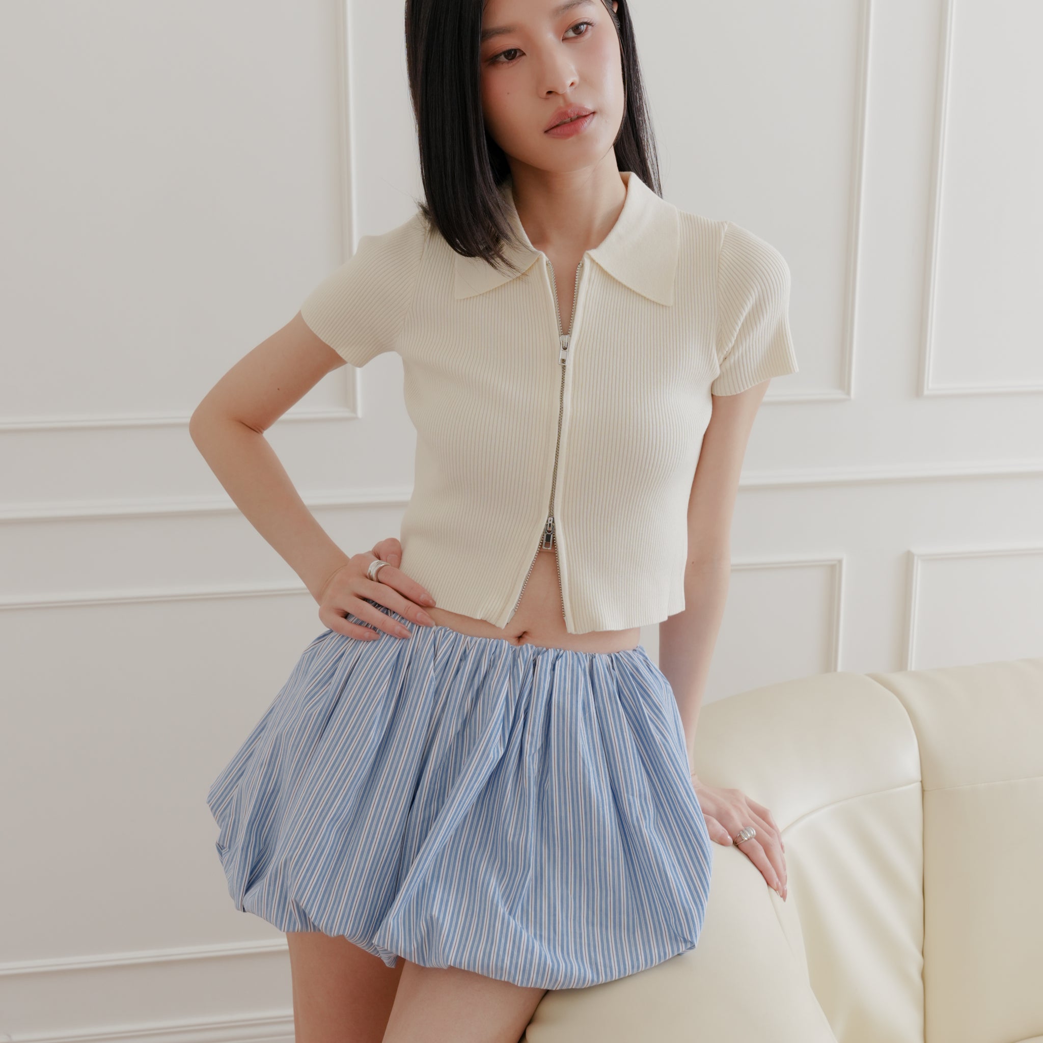 Esme Zip Through Knit Top in Cream