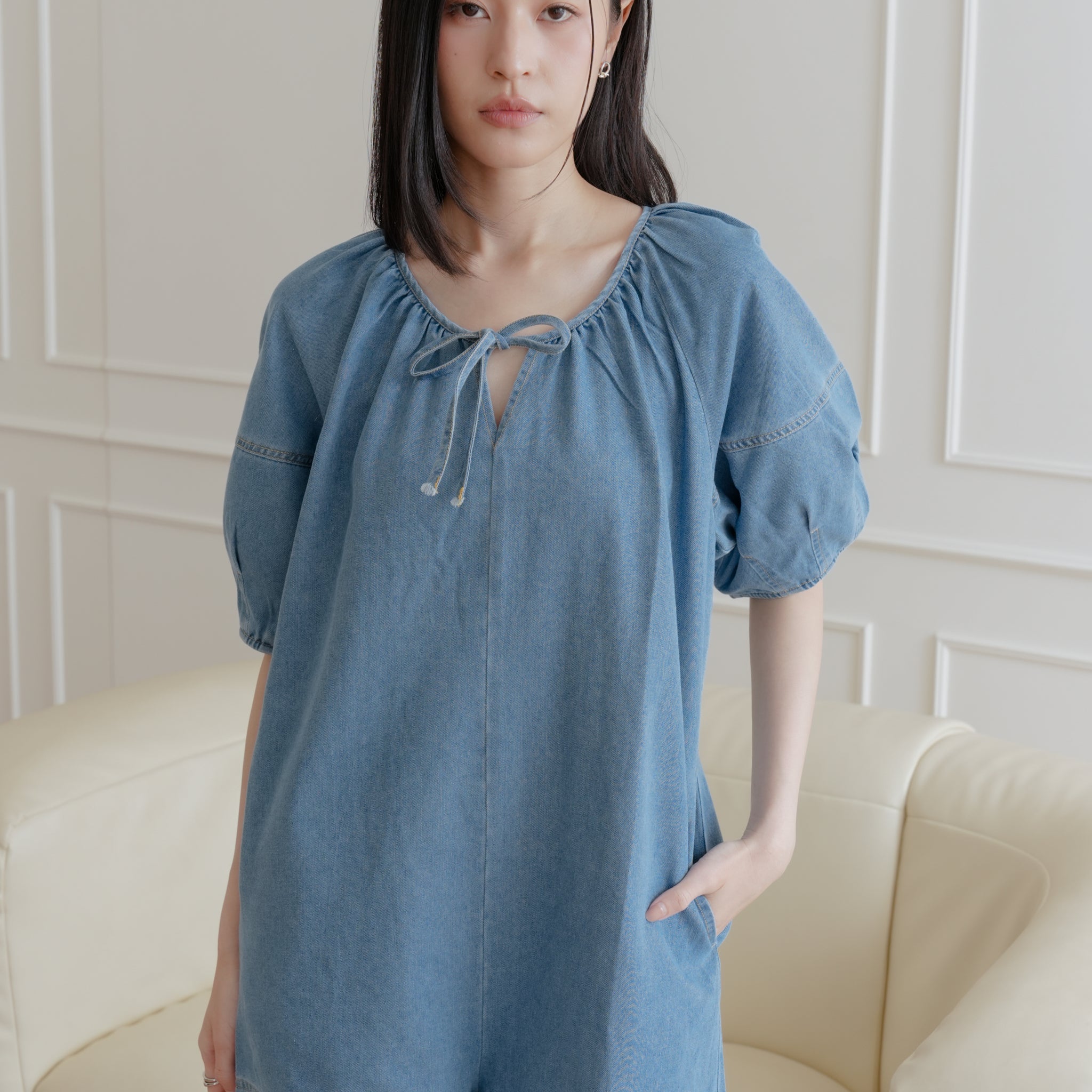 Trixi Oversized Denim Romper in Mid Wash