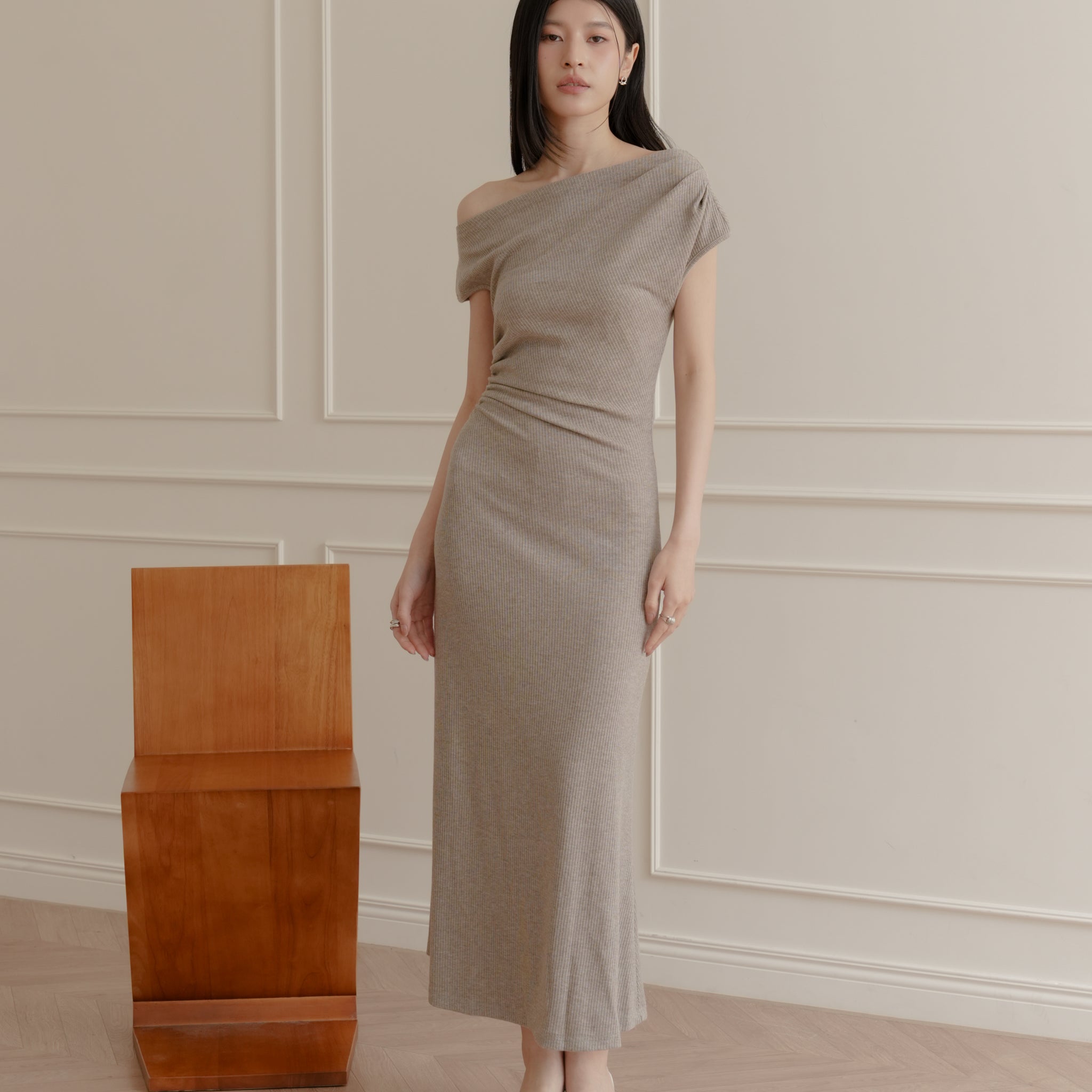 Louise Ruched Knit Dress in Taupe