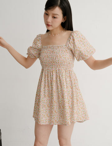 Nola Smocked Babydoll Dress in Sunset Garden