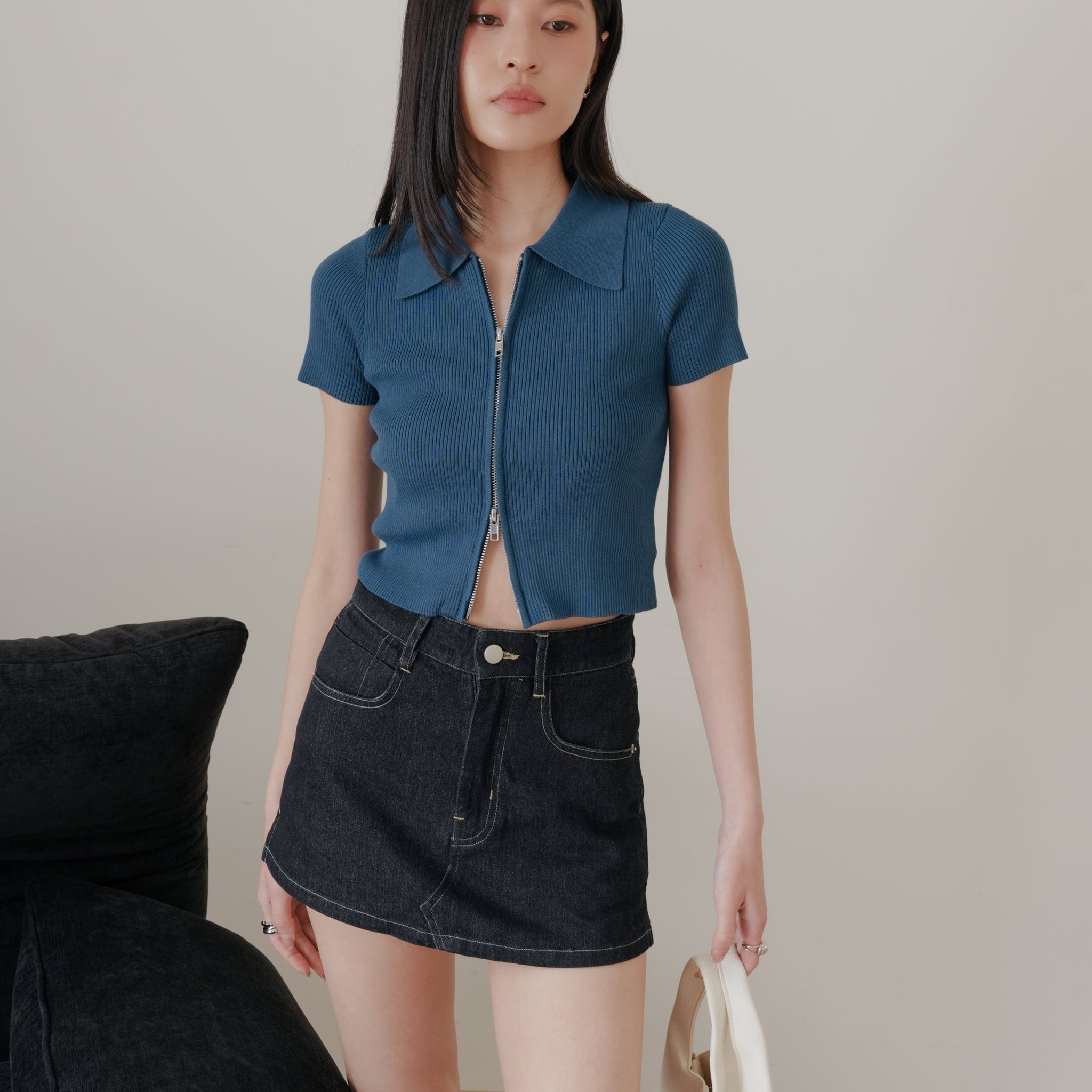 Esme Zip Through Knit Top in Blue