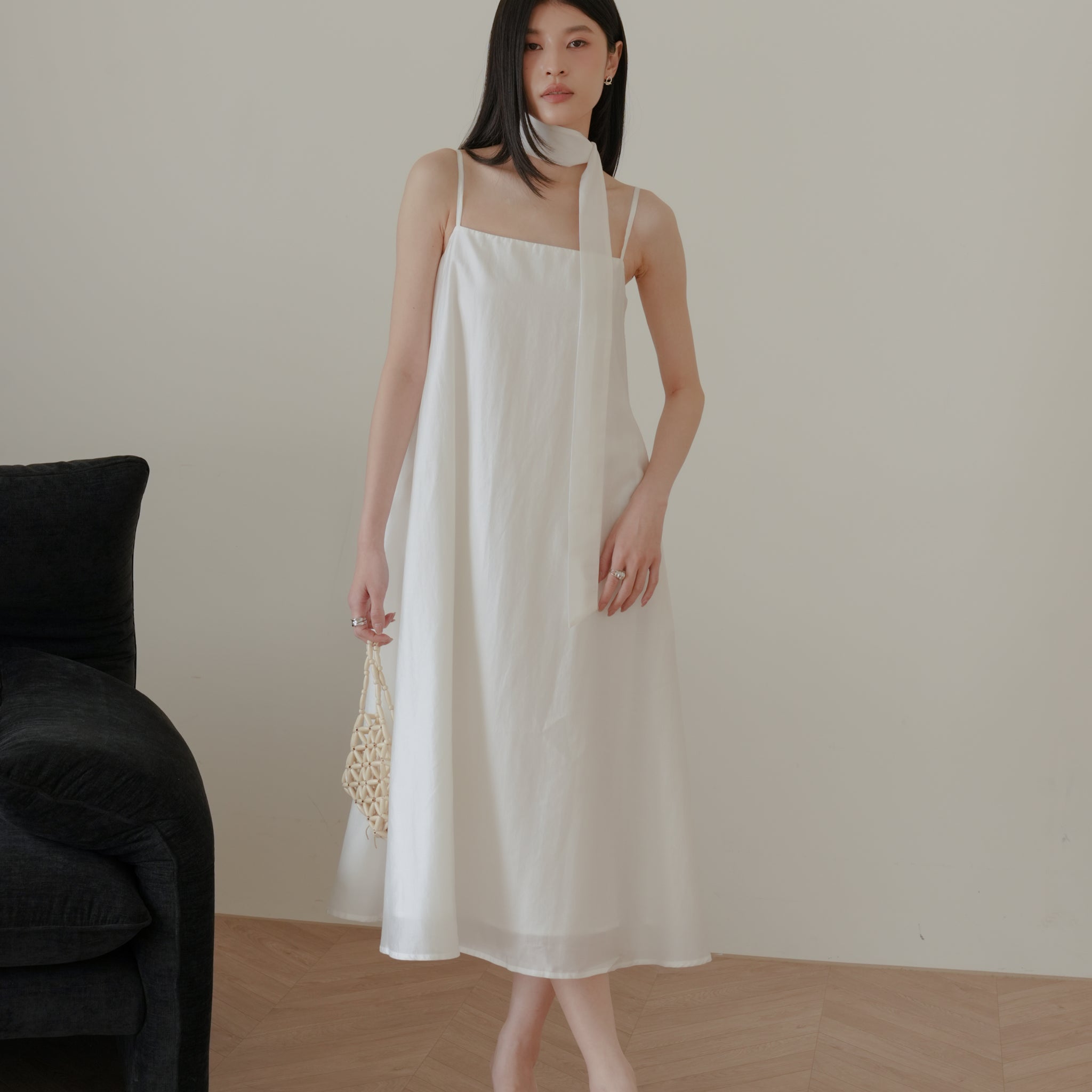 Zelda Scarf Tent Midi Dress in White