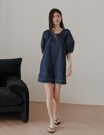 Trixi Oversized Denim Romper in Dark Wash