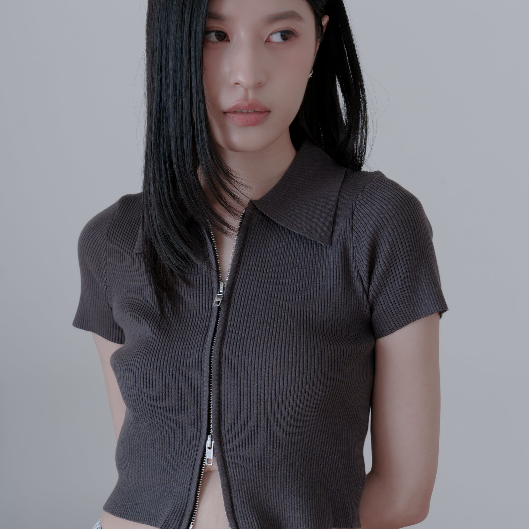 Esme Zip Through Knit Top in Charcoal