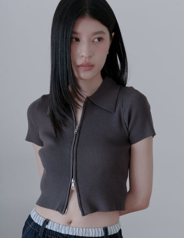 Esme Zip Through Knit Top in Charcoal