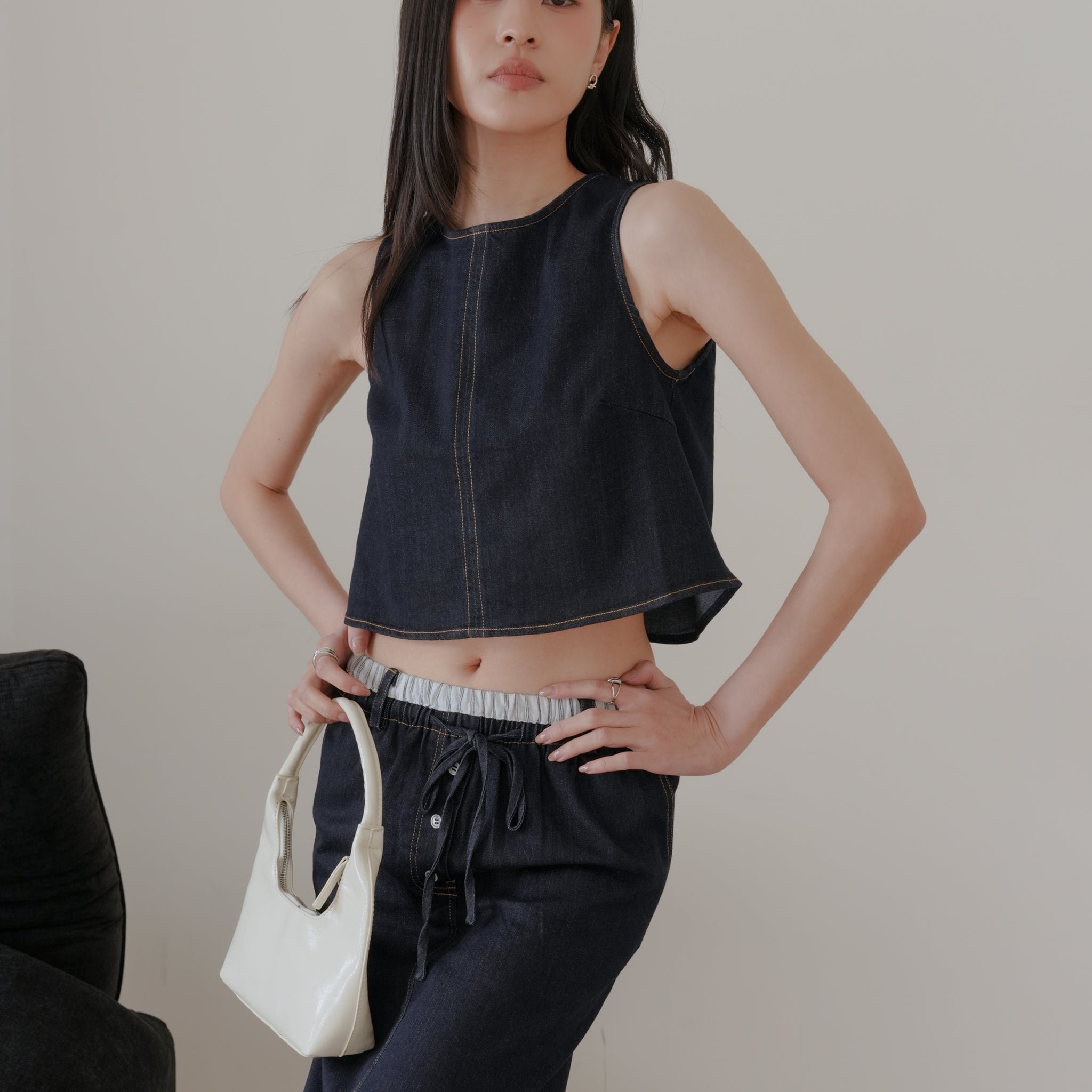 Iris Boxy Crop Denim Top in Dark Wash