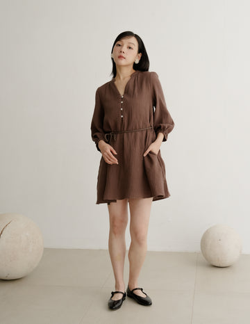Lillie Muslin Mini Dress in Brown