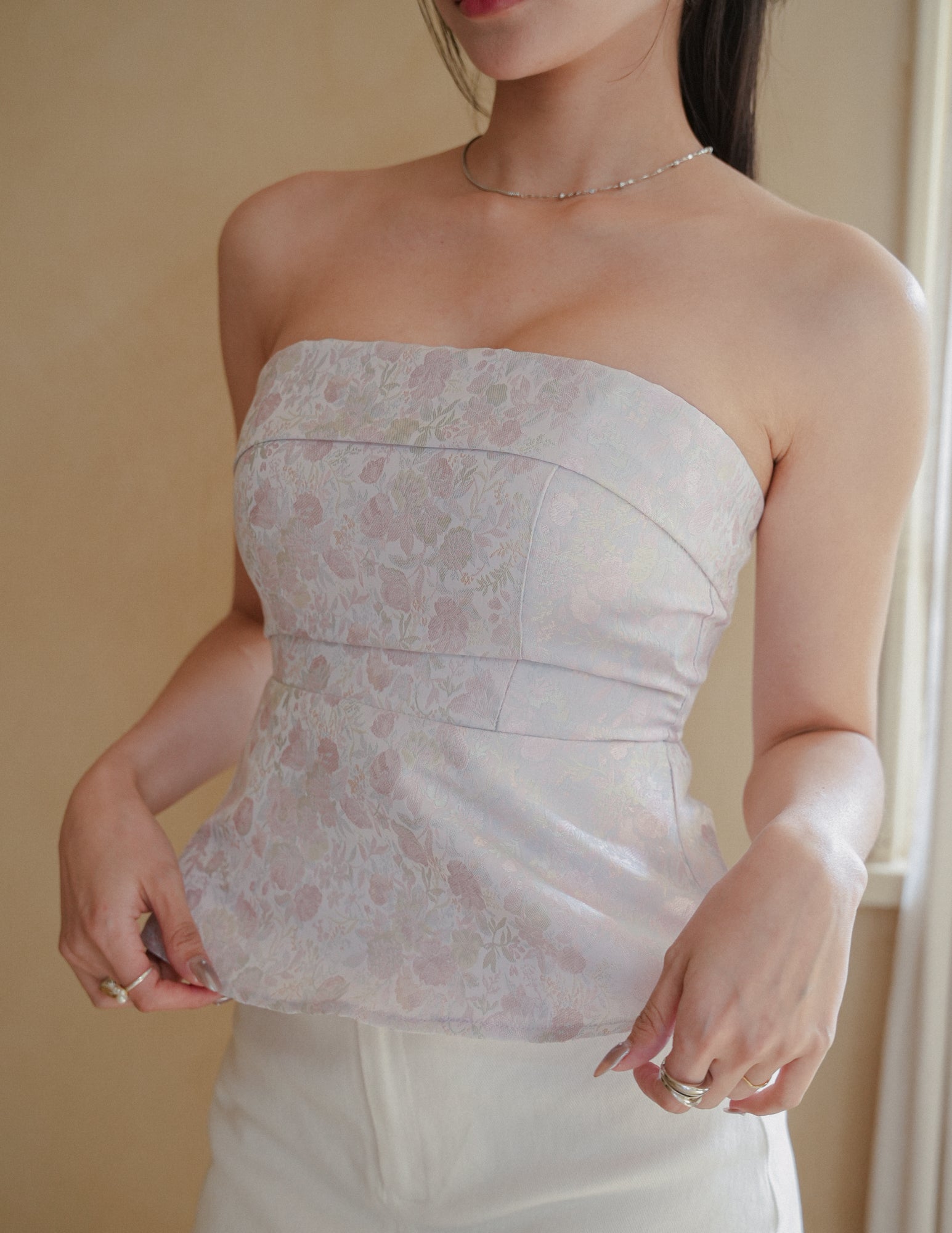 acka  jacquard peplum bustier（ivory） STRETCH JACQUARD PEPLUM TOP - Oyster-white | ZARA United States