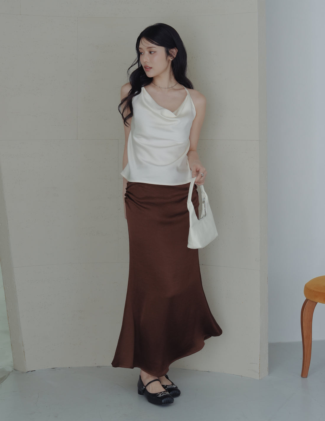 Zahra Ruched Satin Skirt in Brown