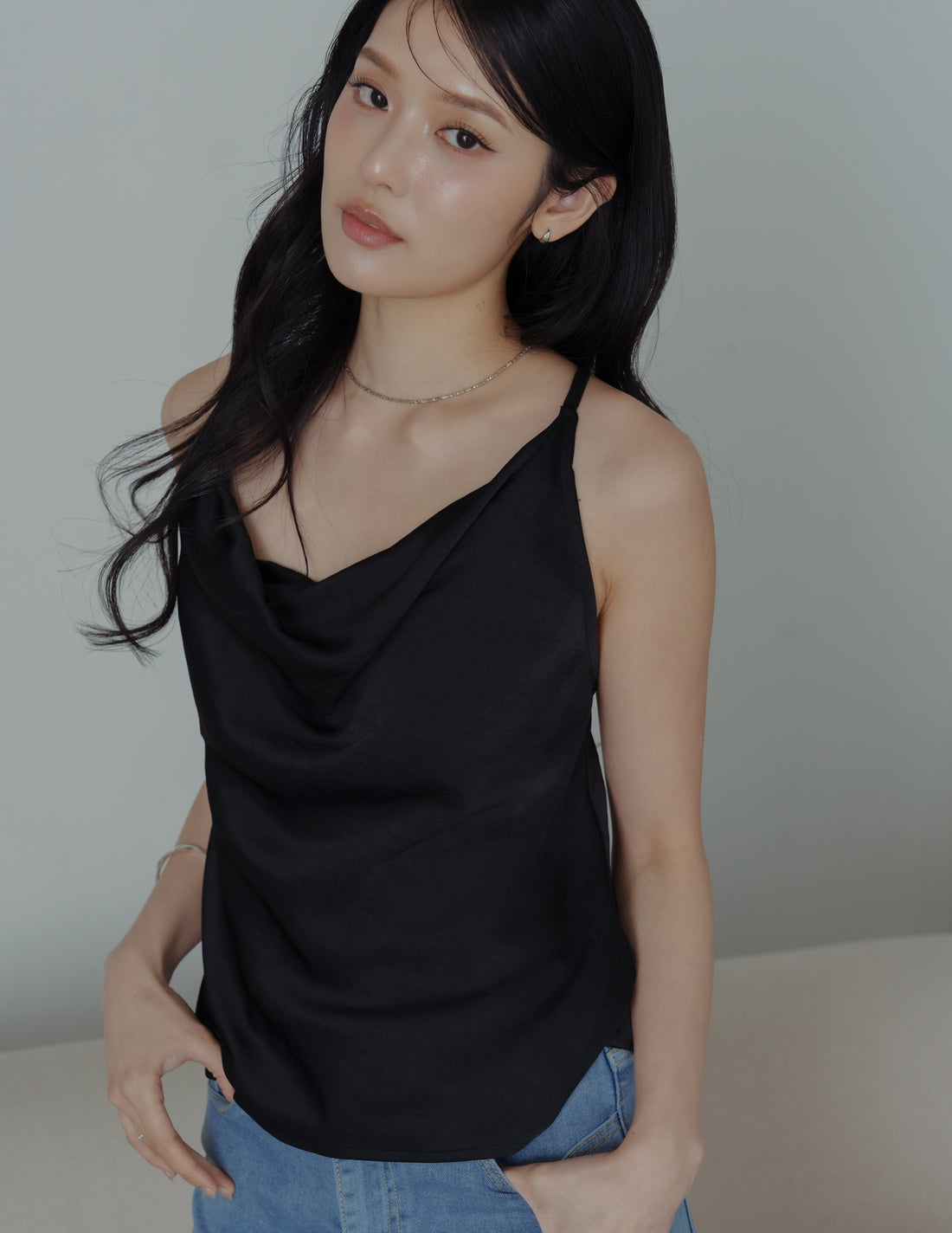 Nova Cowl Satin Top in Black