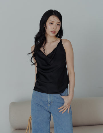 Nova Cowl Satin Top in Black
