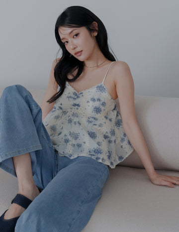 Rita Padded Babydoll Top in Blue Floral