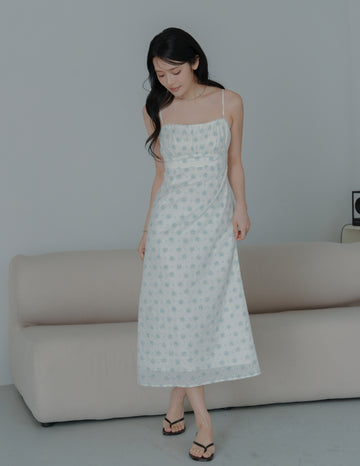 Sophia Lace Trim Midi Dress in Blue Floral