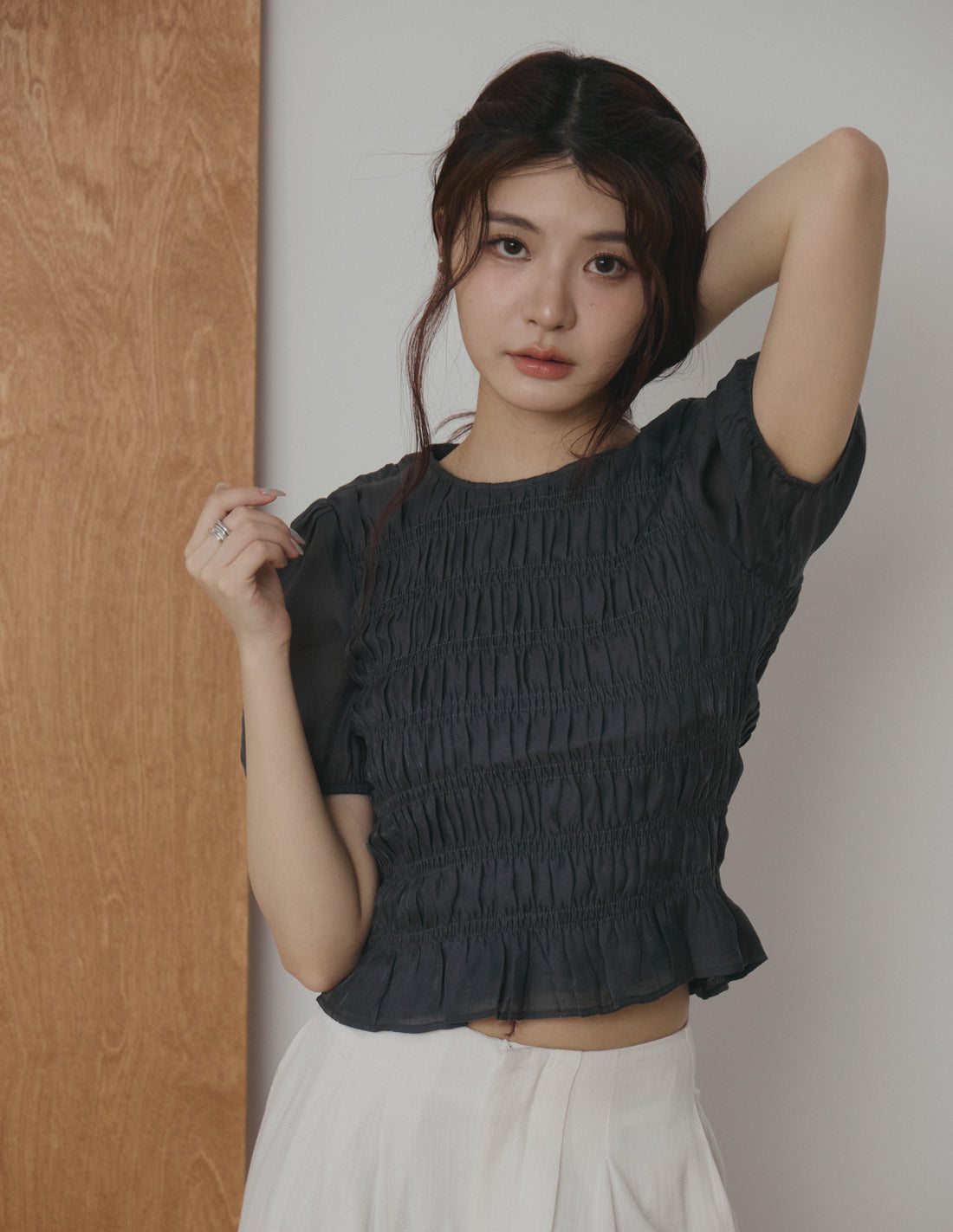 Cloe Shirred Puff Sleeve Top in Midnight