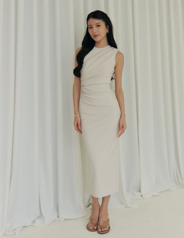 Elodie Ruched Midi Dress in Ivory