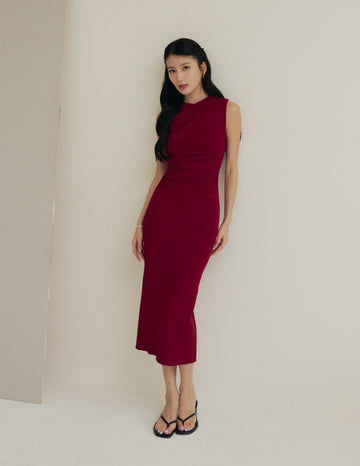 Elodie Ruched Midi Dress in Burgundy