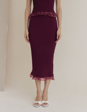 Brielle Ribbed Knit Midi Skirt in Berry