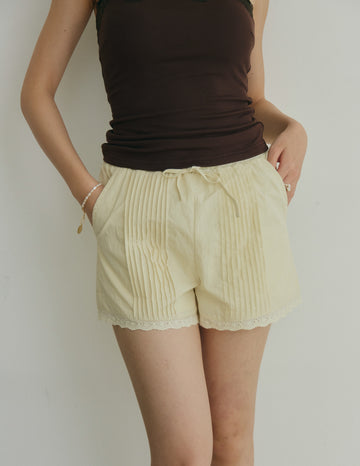 Inez Lace-Trim Pintuck Shorts in Butter Yellow